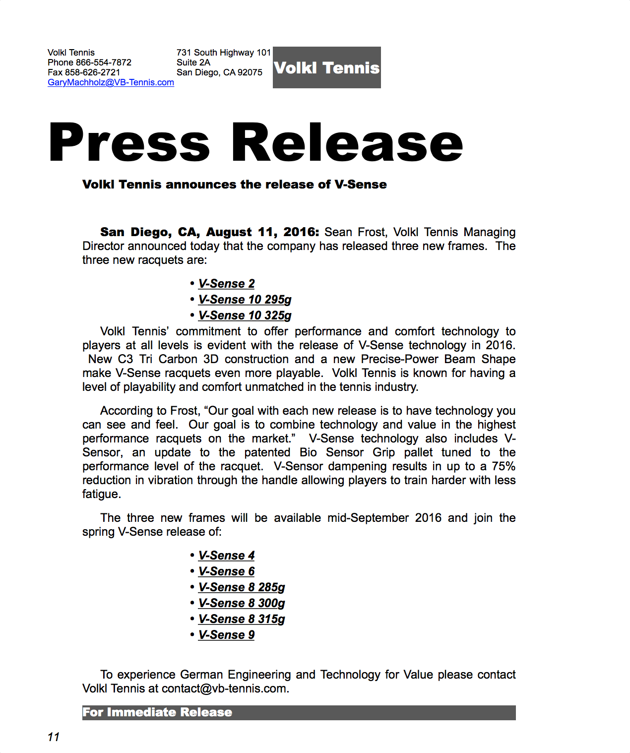 Press Release V-Sense Fall Winter 2016